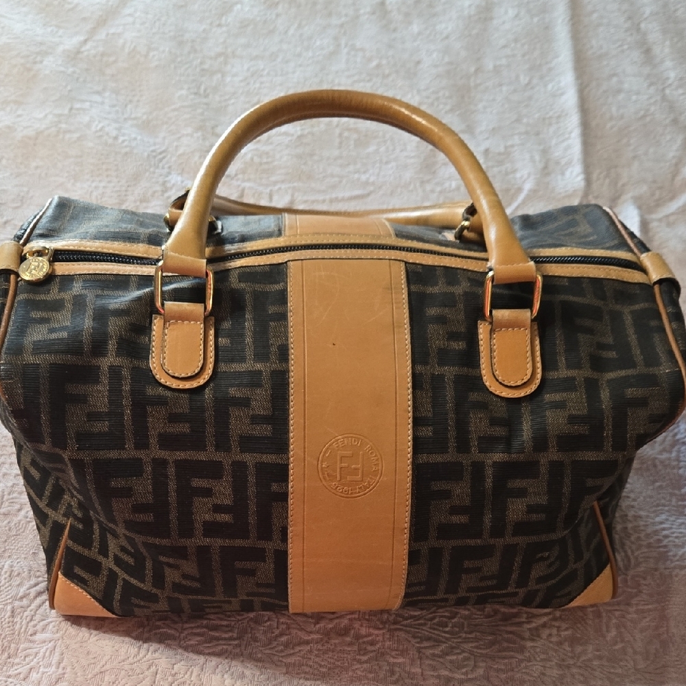 Fendi Monogram Black and Tan Duffel Bag Speedy Style Handbag